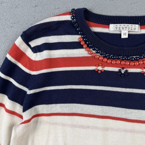 Armand Ventilo Sweater Women’s XS Striped 3/4 Sleeve Beaded Neck Accent Cotton - Picture 3 of 16